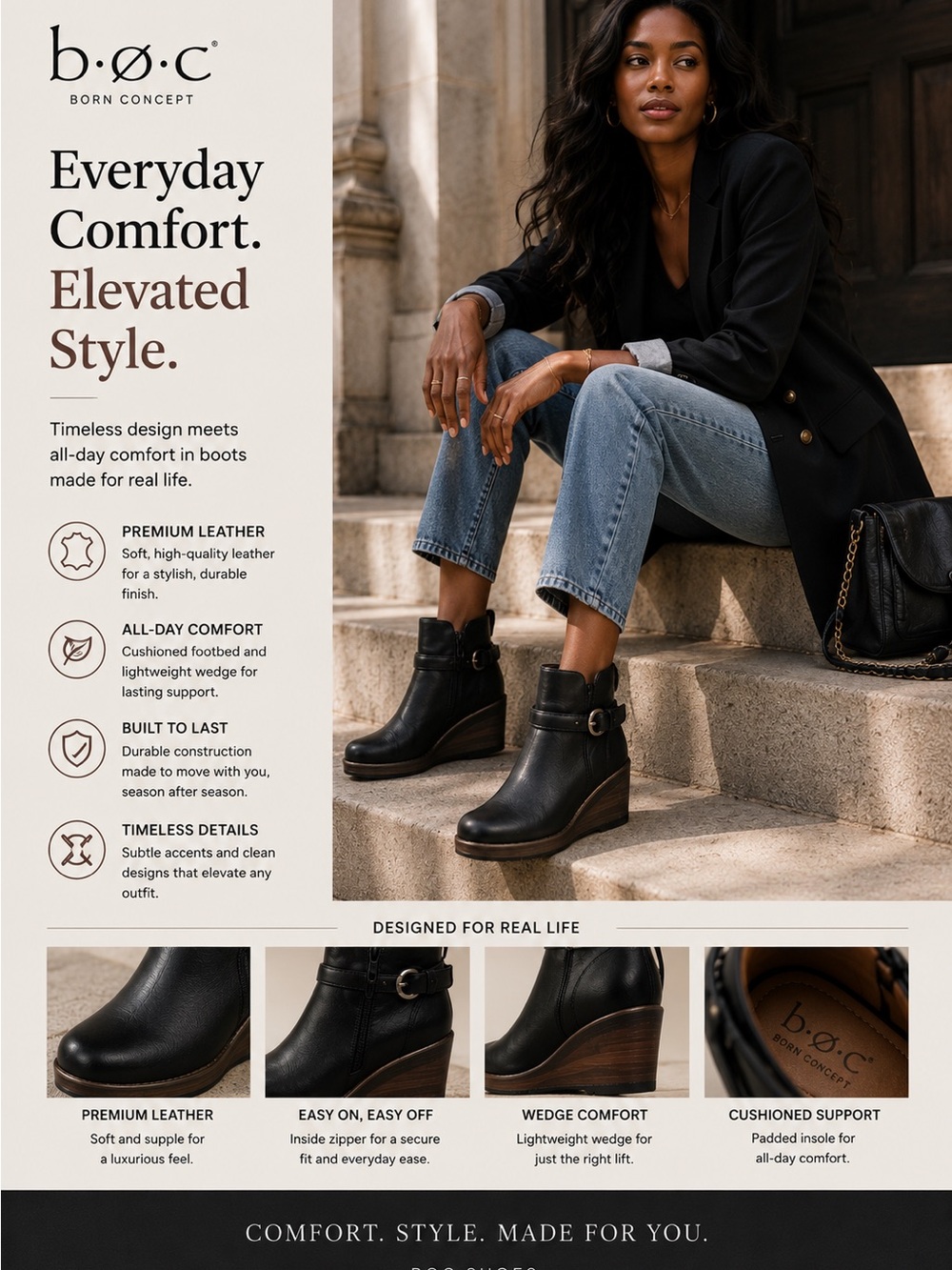 b.o.c. Black Leather Wedge Ankle Boots with Buckle